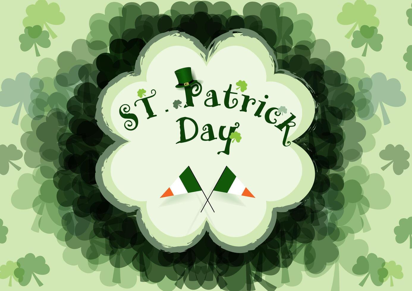 st. patrick's journée caractères avec minuscule haute chapeau de le lutin et petit irlandais drapeau. tout sur blanc silhouette trèfle feuille et trèfle plante modèle Contexte. vecteur