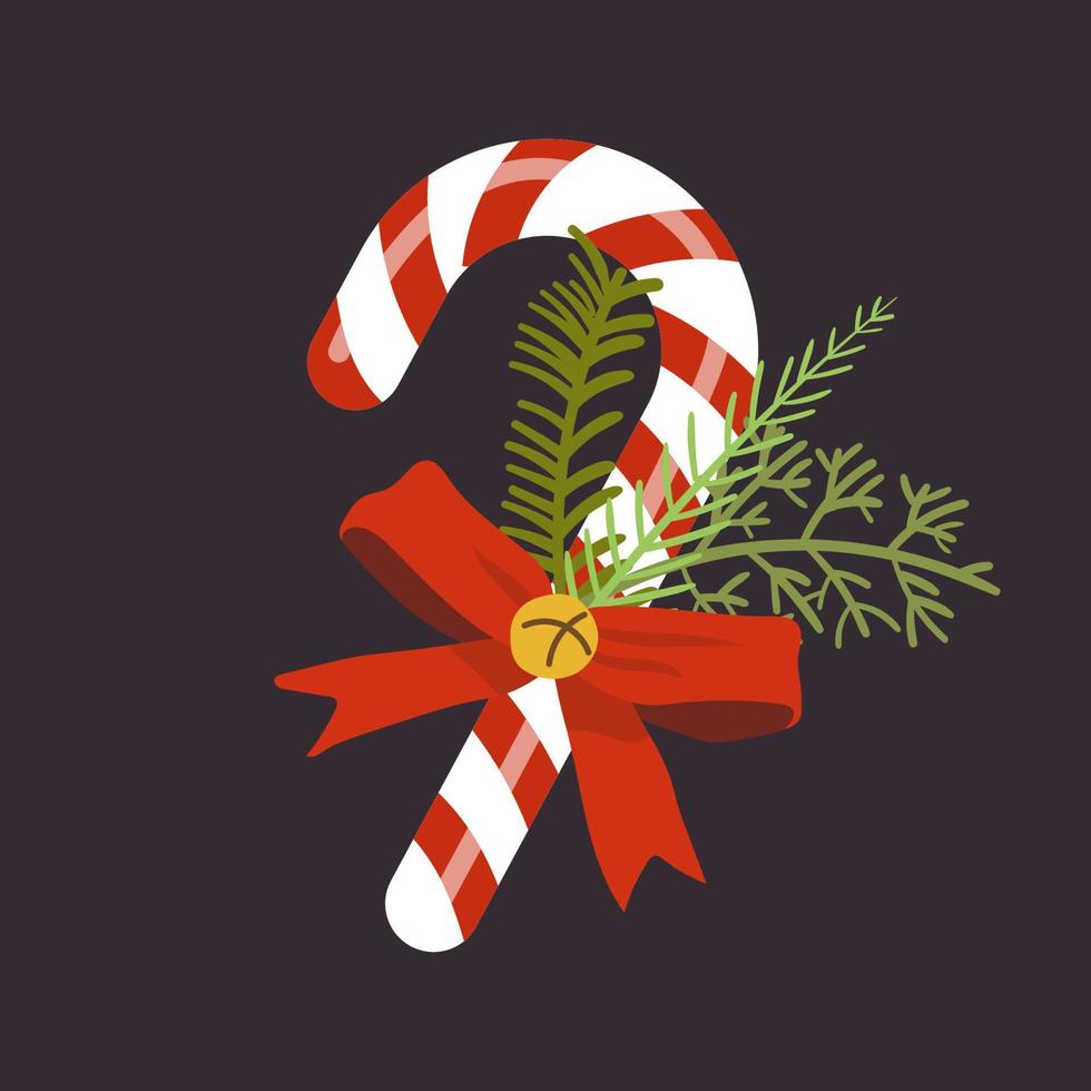 canne en bonbon de noël avec arc rouge et branches de sapin. élément décoratif du nouvel an. illustration vectorielle vecteur