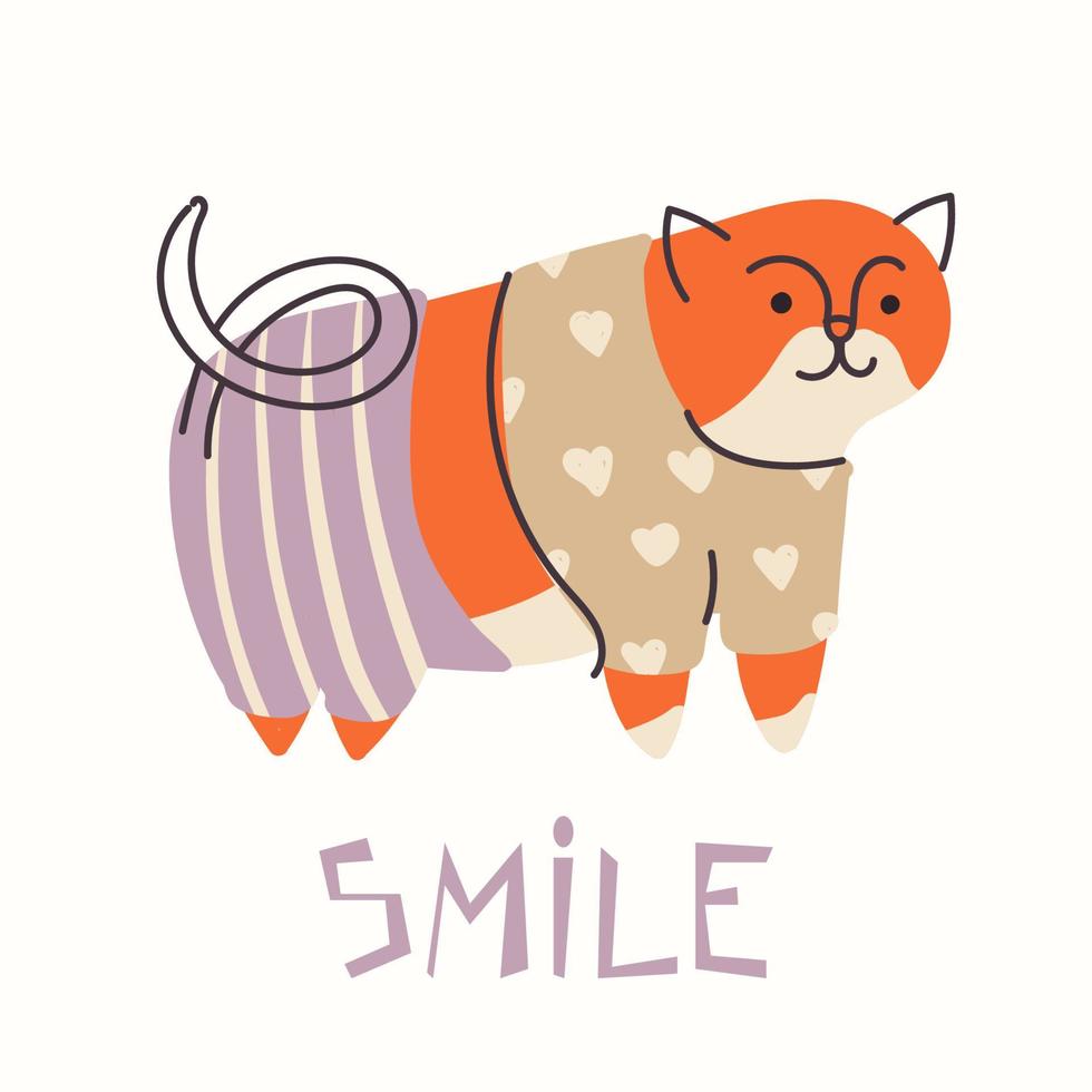 chat mignon en vêtements, sourire. illustration de doodle de dessin à la main vecteur