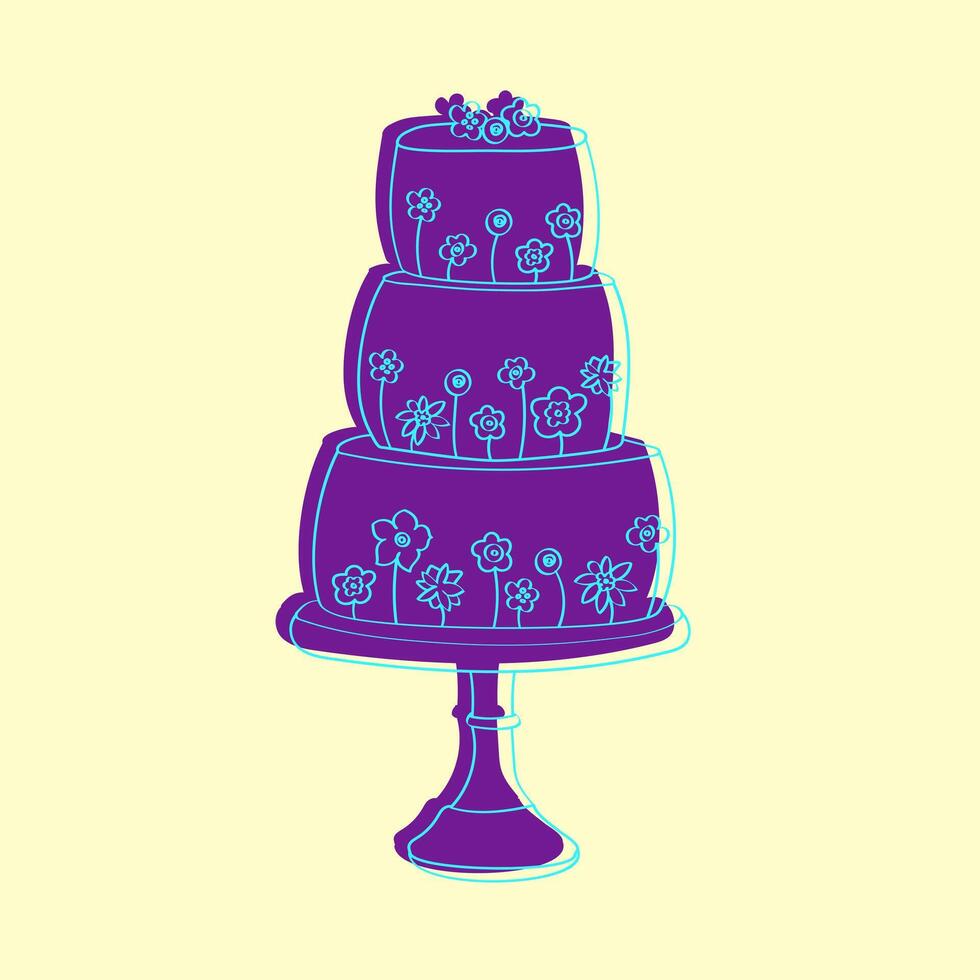 une dessiné à la main illustration de une à trois niveaux gâteau orné avec délicat fleurs. le gâteau est détaillé avec complexe décorations et tuyauterie, mettant en valeur une traditionnel encore élégant conception vecteur