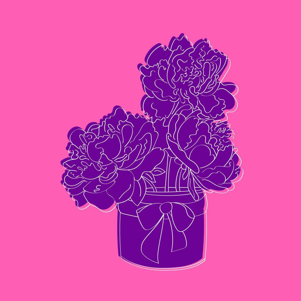 une violet vase est rempli avec violet fleurs, Plus précisément griffonnage peinte à la main pivoines, ensemble contre une vibrant rose Contexte vecteur