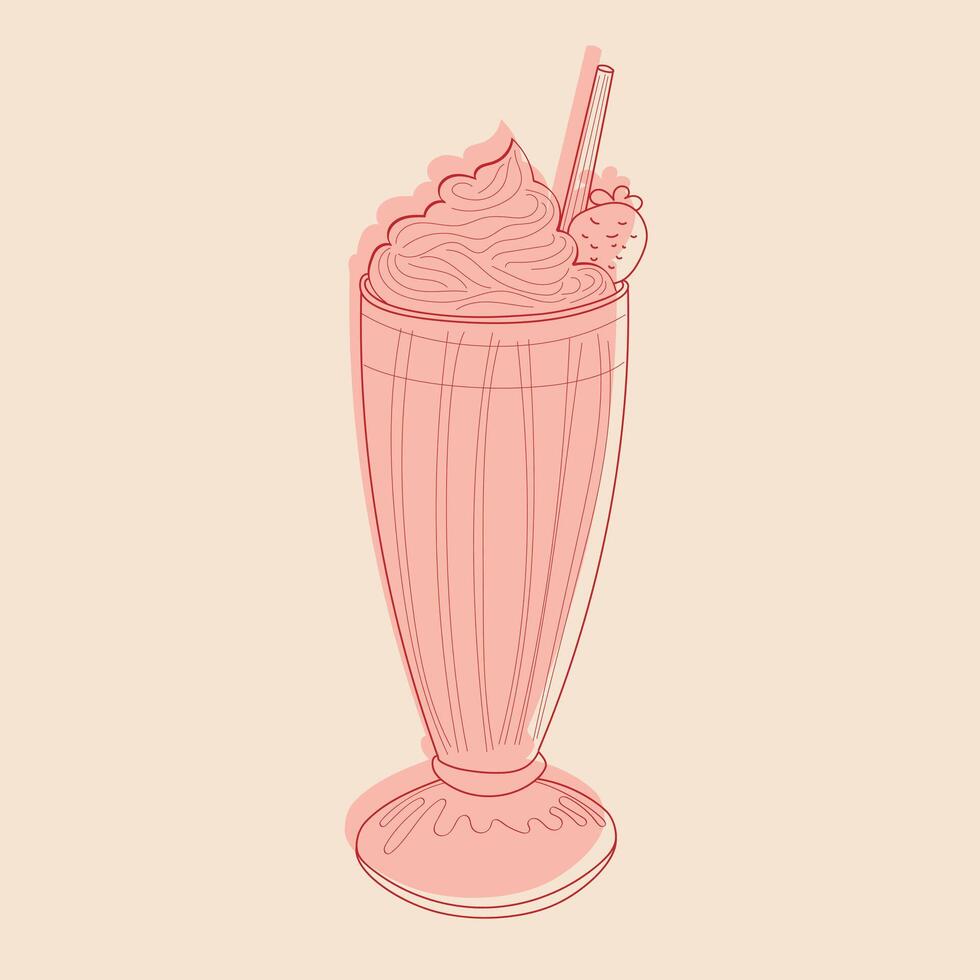 une dessiné à la main illustration de une rose Milk-shake boisson avec une paille mis dans il. le ouvrages d'art vitrines une vibrant et coloré représentation de le boisson vecteur