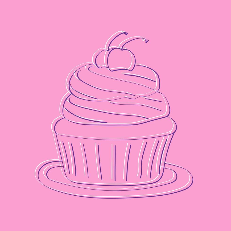 une dessiné à la main illustration de une petit gâteau, avec une duveteux éponge base, crémeux Glaçage, et coloré arrose, ensemble contre une vibrant rose toile de fond vecteur