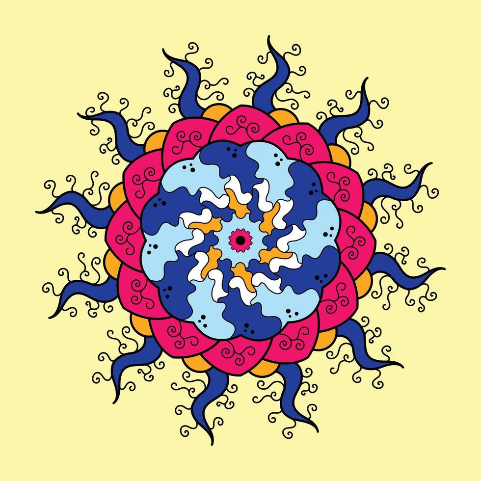 circulaire griffonnage modèle mandala décoration. décoratif coloré tribal ornement dans ethnique Oriental style. coloré abstrait fleur ou soleil, avec brillant couleurs. vecteur