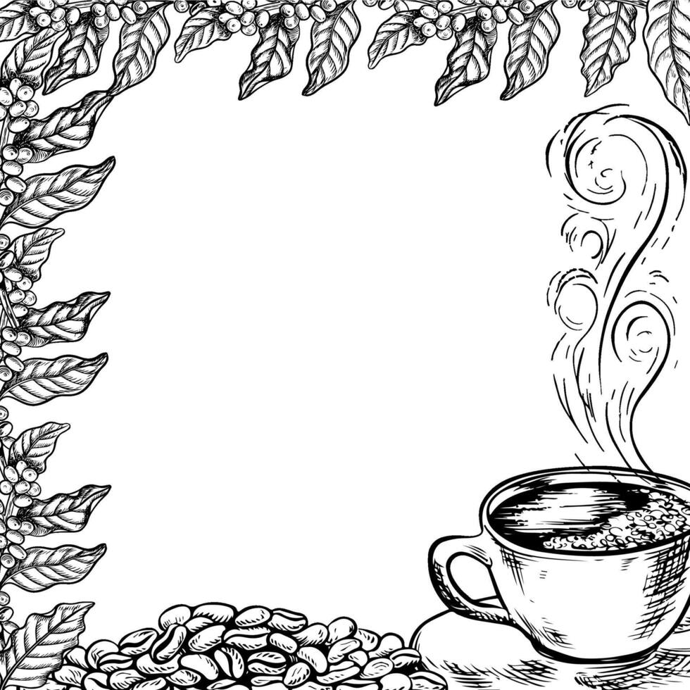 café Cadre avec une tasse et café branches, noir et blanc vecteur illustration dessiné à la main. pour emballage, cartes postales et Étiquettes. pour bannières, dépliants, les menus et affiches.