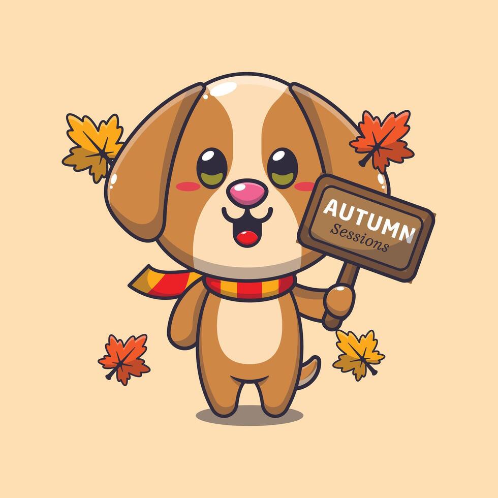 mignonne chien avec l'automne signe planche. vecteur