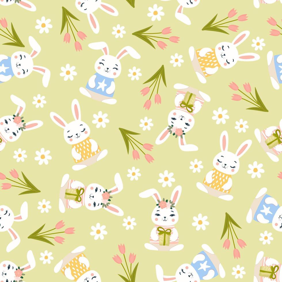 mignonne lapin sans couture modèle et camomille vecteur