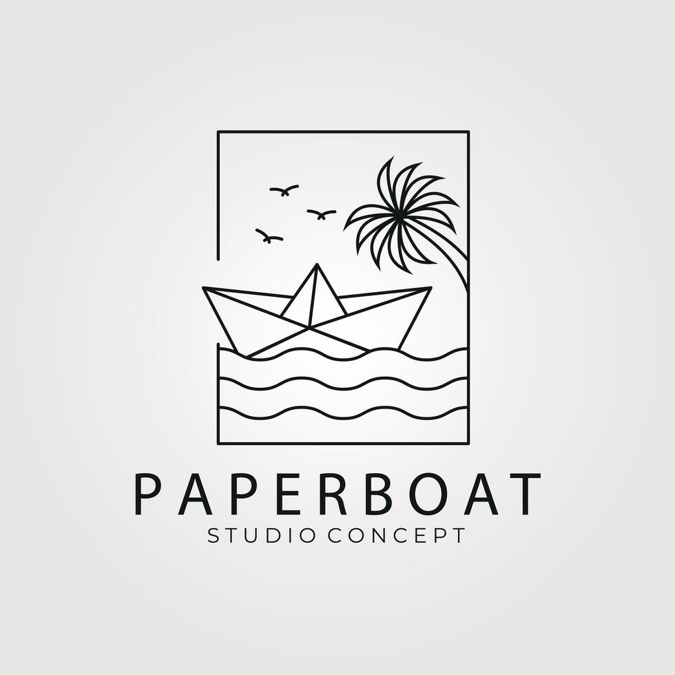 papier bateau sur le plage avec ligne art style logo vecteur ancien illustration