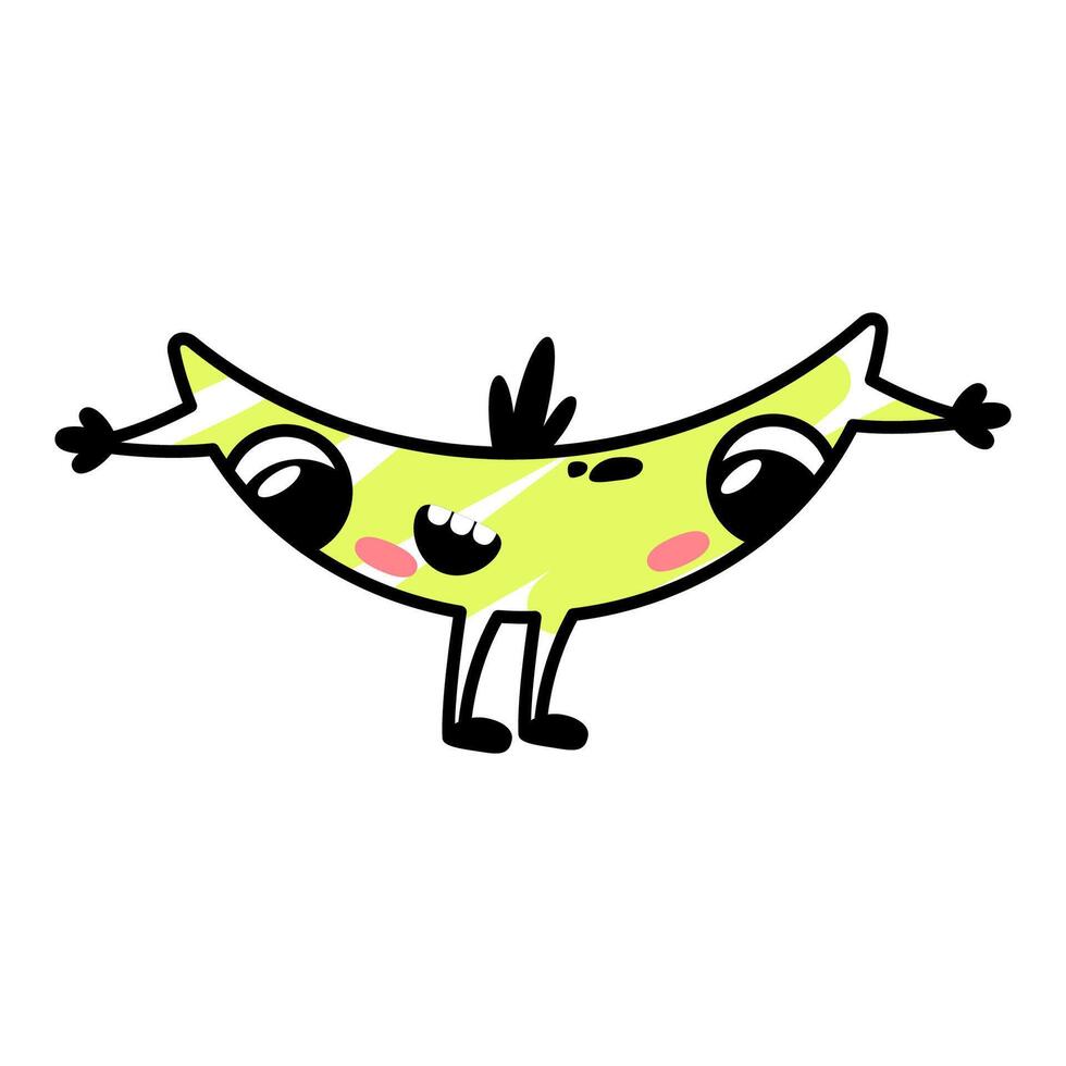 marrant dessin animé Jaune monstre en riant. une fictif personnage dans le forme de une banane. mignonne extraterrestre icône dans griffonnage style. étreindre mascotte pour le marque. une cool impression pour enfants des produits. vecteur