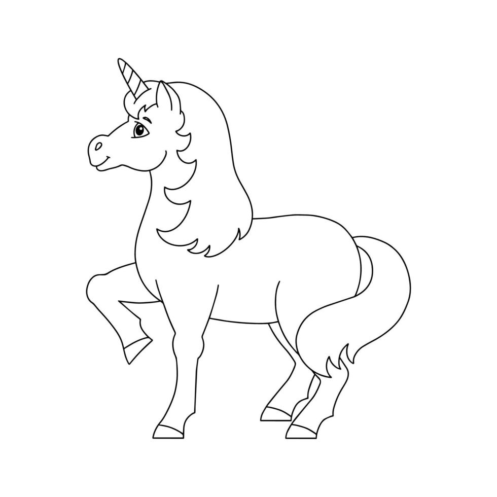 jolie licorne. cheval de fée magique. page de livre de coloriage pour les enfants. style de bande dessinée. illustration vectorielle isolée sur fond blanc. vecteur