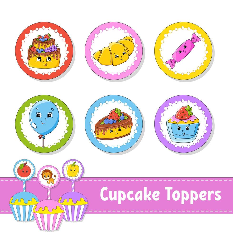 garnitures de cupcakes. ensemble de six images rondes. personnages de dessins animés. image mignonne. pour anniversaire, fête, baby shower. vecteur