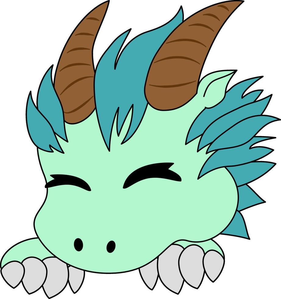 fantaisie et mignonne vert dragon tête avec cornes sur ses tête et pattes en dessous de ses tête dans dessin animé style vecteur