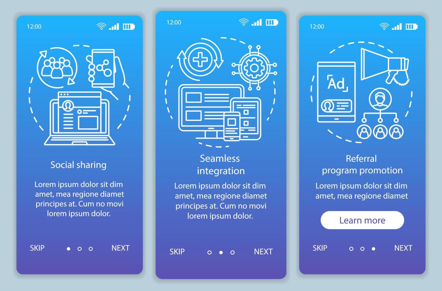 Éléments clés du programme de parrainage intégrant l'écran de la page de l'application mobile avec des concepts linéaires. instructions graphiques en trois étapes. attraction de la clientèle. modèle vectoriel ux, ui, gui avec illustrations