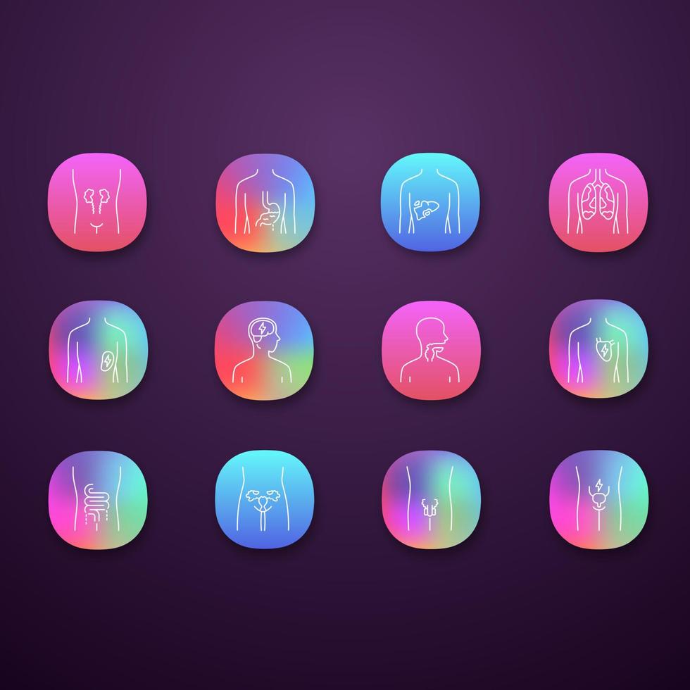 Ensemble d'icônes d'application d'organes humains malades. cœur et poumons endoloris. maux de gorge et de vessie. foie et intestins malsains. interface utilisateur ui ux. applications web ou mobiles. illustrations vectorielles isolées vecteur
