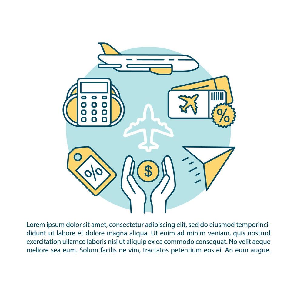 modèle vectoriel de page d'article de vol pas cher. billets d'avion de dernière minute. brochure, magazine, élément de conception de livret avec icônes linéaires et zones de texte. design d'impression. illustrations de concept avec espace de texte