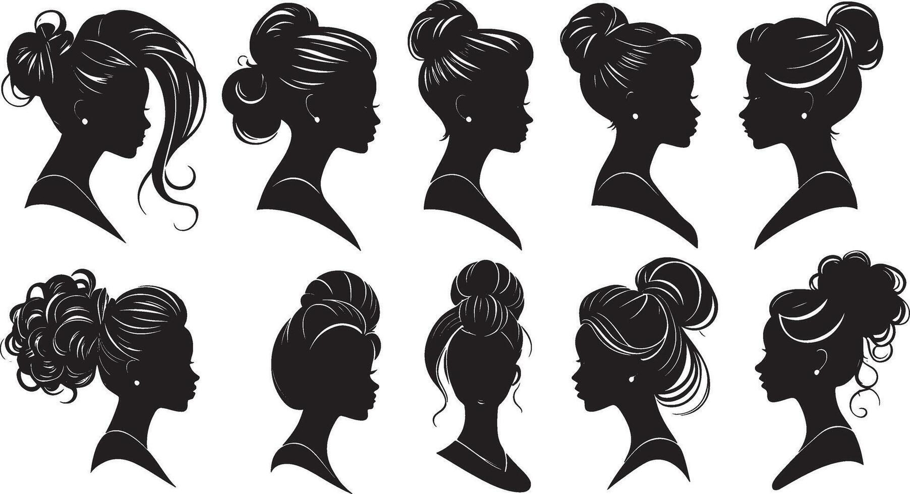 ensemble de vecteur femme tête avec différent coiffures silhouettes mode et beauté illustration