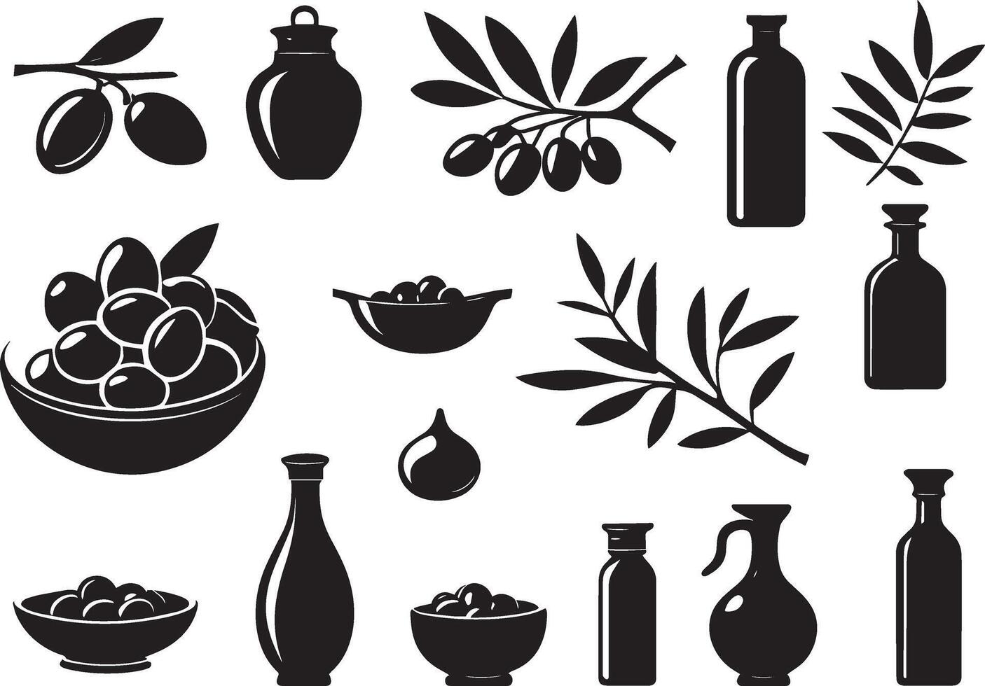 olive vecteur icône, pétrole bouteille . méditerranéen olive des fruits, feuille bifurquer, noir silhouettes isolé sur blanc Contexte. nourriture illustration