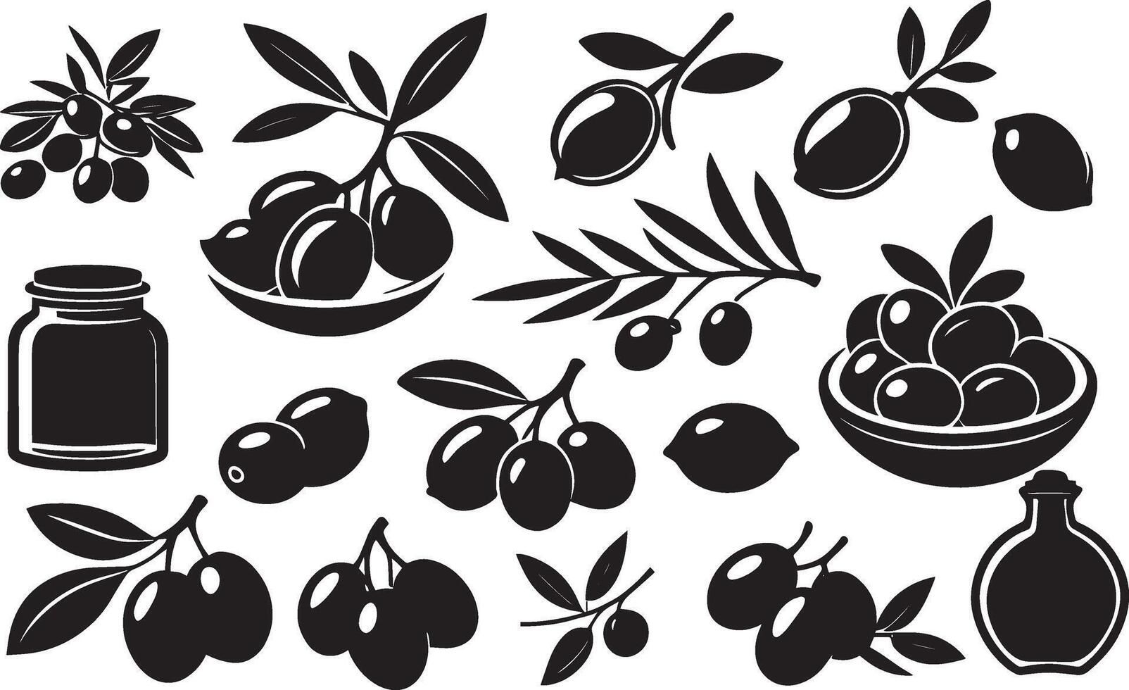 olive vecteur icône, pétrole bouteille . méditerranéen olive des fruits, feuille bifurquer, noir silhouettes isolé sur blanc Contexte. nourriture illustration