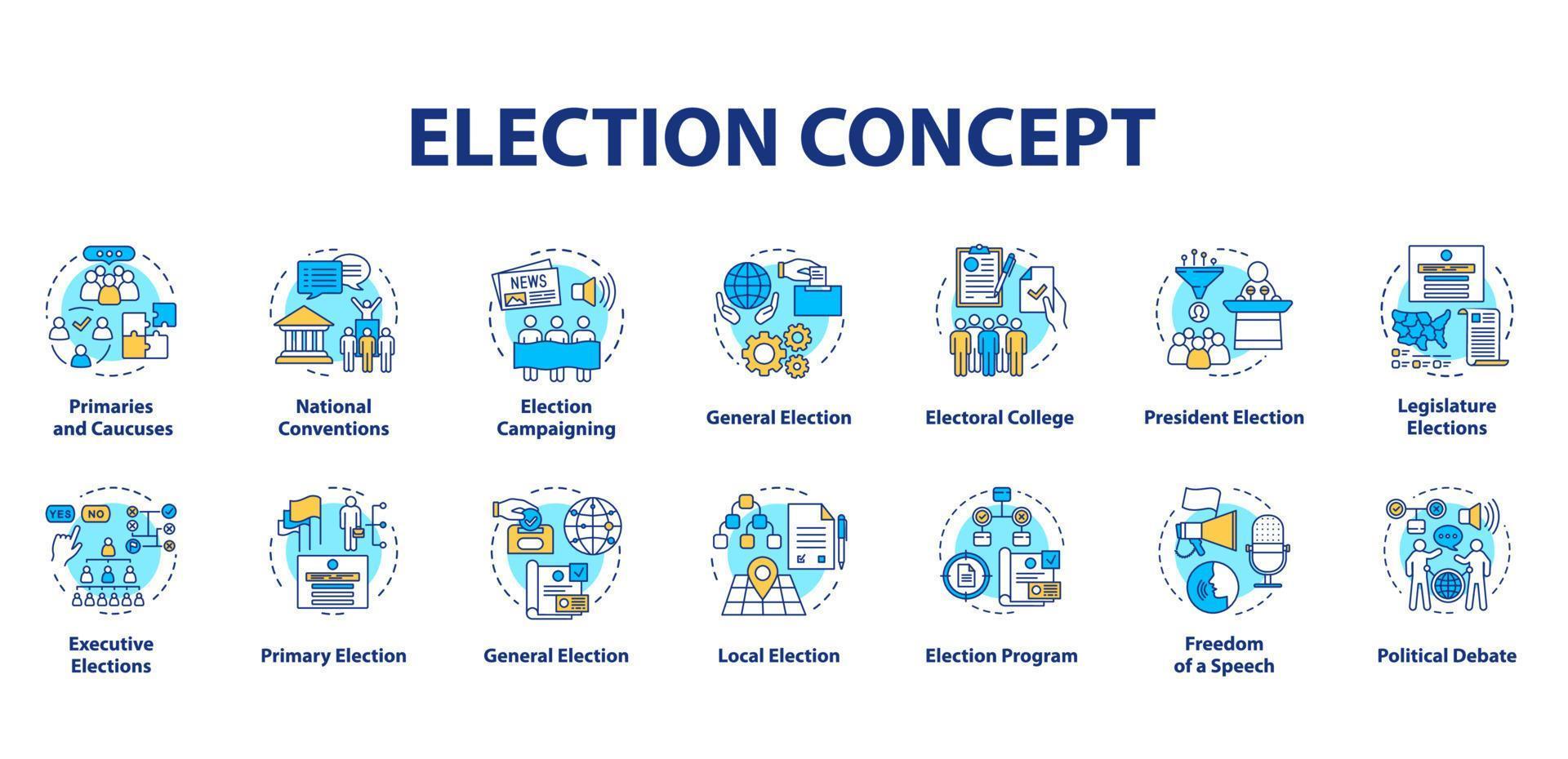 jeu d'icônes de concept d'élection. campagnes politiques et idées de propagande illustrations en ligne mince. élections présidentielles. l'opinion publique et le vote. dessins de contour isolés vectoriels. trait modifiable vecteur