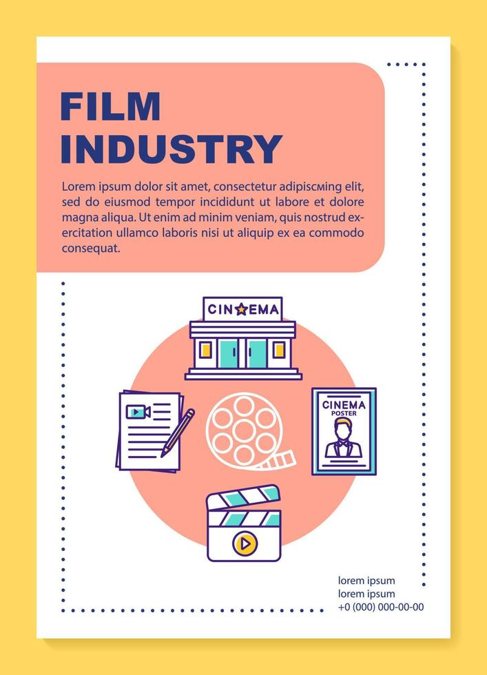 mise en page du modèle d'affiche de l'industrie cinématographique. cinématographie, production vidéo. bannière, brochure, conception d'impression de dépliant avec des icônes linéaires. mises en page de brochures vectorielles pour magazines, dépliants publicitaires vecteur