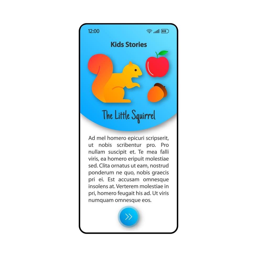 modèle vectoriel d'interface de smartphone d'histoires d'enfants. disposition de conception bleue et blanche de la page de l'application mobile. écran de lecture pour enfants. interface utilisateur plate pour l'application. contes de fées sur l'affichage du téléphone des animaux