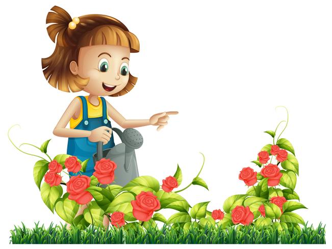 Une fille arroser rosier vecteur