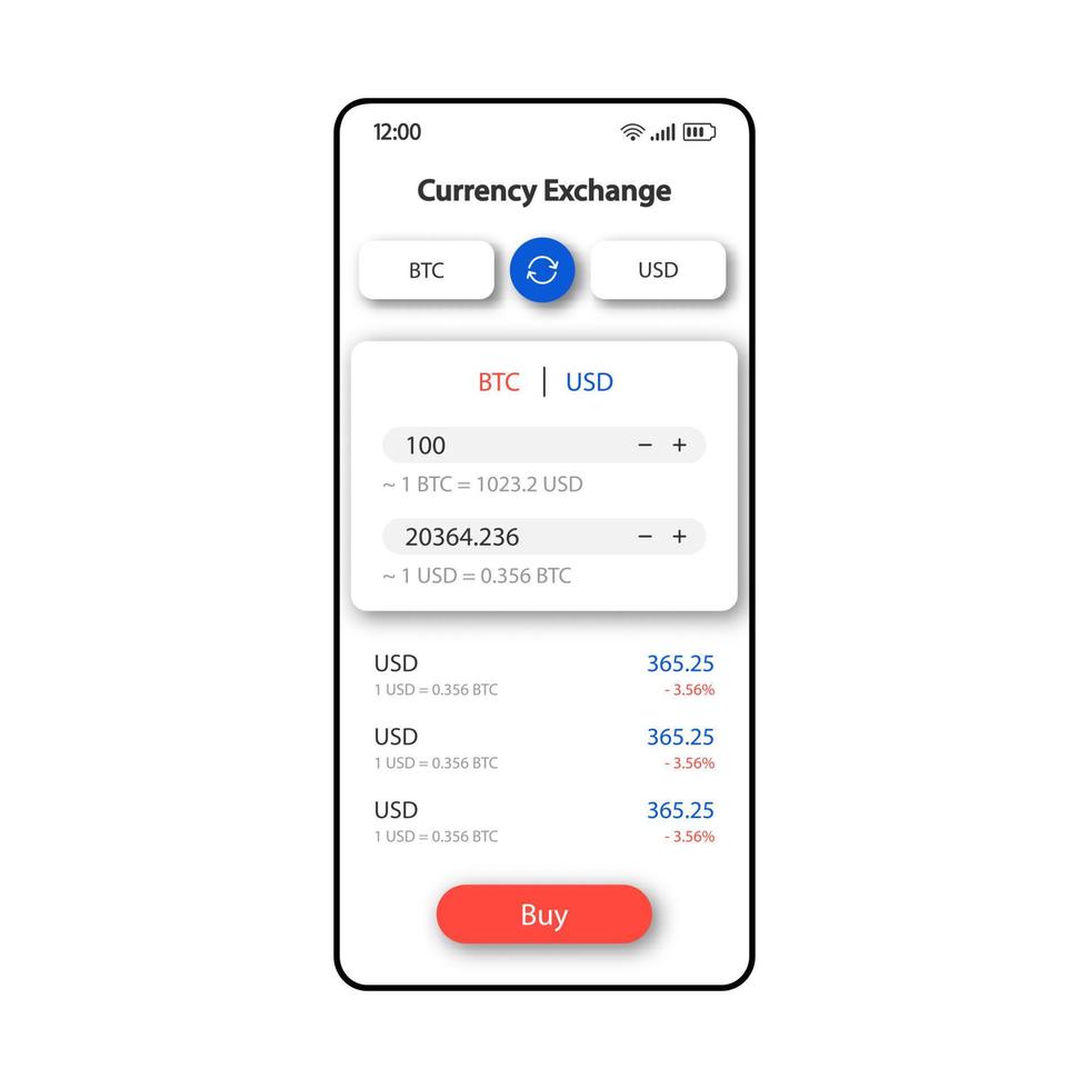 modèle vectoriel d'interface de smartphone de change de devises. disposition de conception blanche de page d'application mobile. écran des taux de change du bitcoin et du dollar. interface utilisateur plate pour l'application. affichage du téléphone du convertisseur de crypto-monnaie