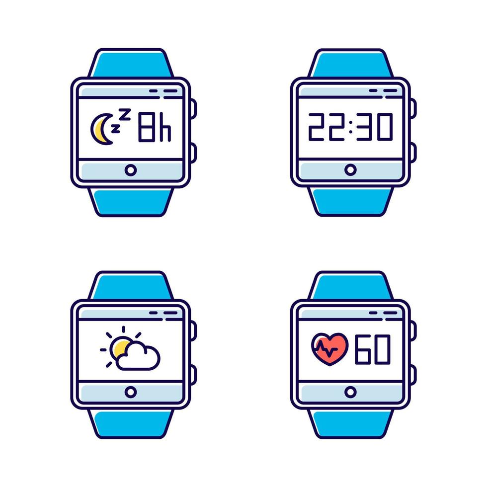 Ensemble d'icônes de couleur de fonctions de suivi de la condition physique. capacités de montres connectées et services de bien-être. suivi de la fréquence cardiaque, surveillance du sommeil, horloge, prévisions météorologiques. illustrations vectorielles isolées vecteur