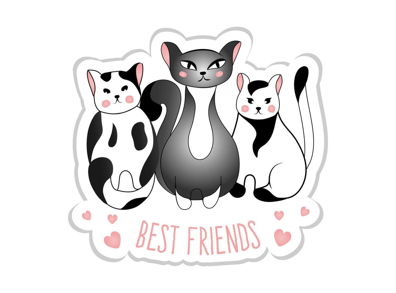 autocollant avec mignonne gris et noir et blanc chats isolé sur blanc Contexte. vecteur illustration pour les enfants. meilleur amis.