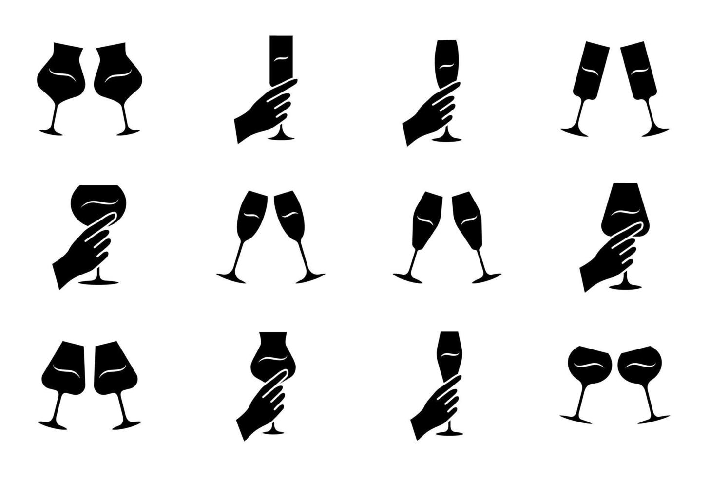 Ensemble d'icônes de glyphe de service de vin. tinter des verres de vin et de champagne. mains tenant des verres à vin. fête, fête. mariage. dégustation, dégustation. symboles de silhouette. illustration vectorielle isolée vecteur