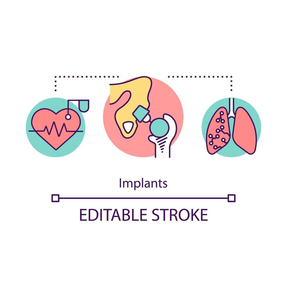 icône de concept d'implants. appareil prothétique médical. articulation artificielle, cœur, poumon. opération. illustration de fine ligne idée génie biomédical. dessin de contour isolé de vecteur. trait modifiable vecteur