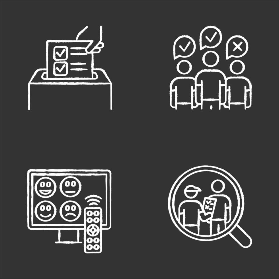 méthodes d'enquête craie icônes définies. sondage anonyme, évaluation des chaînes de télévision. groupe de discussion. entretien. opinion publique. Avis client. retour d'information. collecte de données. illustrations de tableau de vecteur isolé