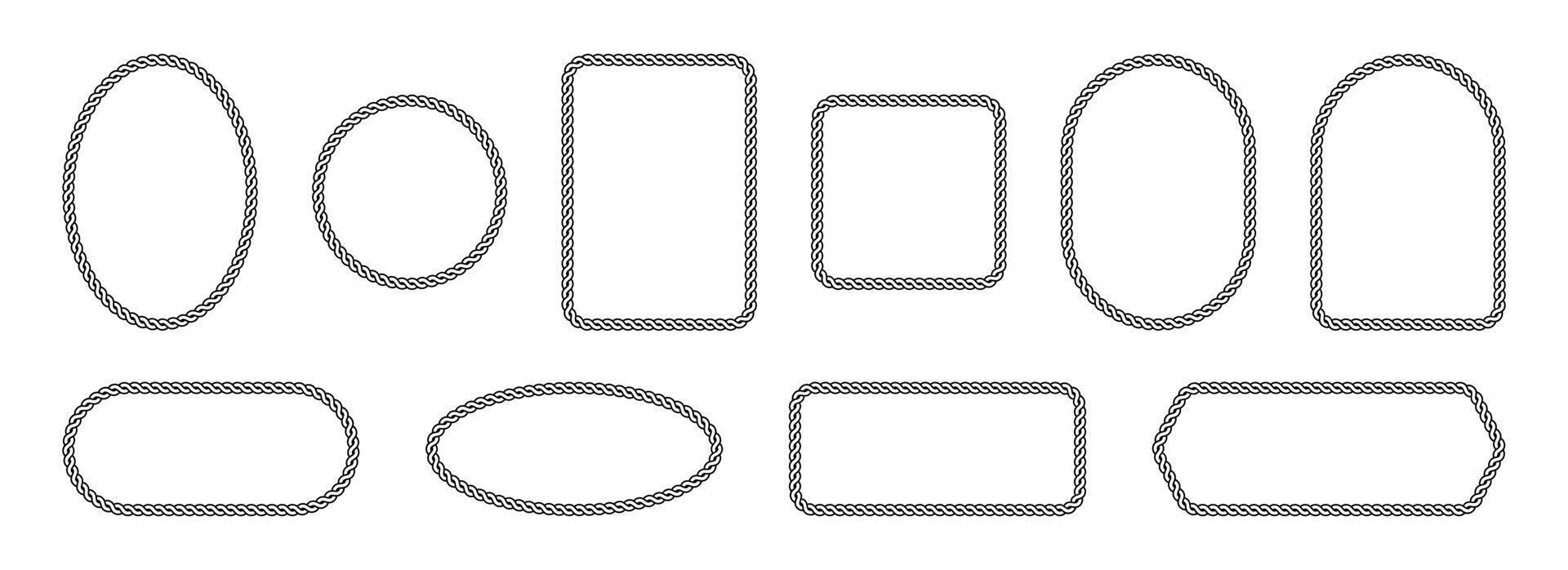 cadres tissé de chaîne ou corde. ornement frontière de différent géométrique formes. pack de isolé vecteur éléments sur une blanc Contexte.