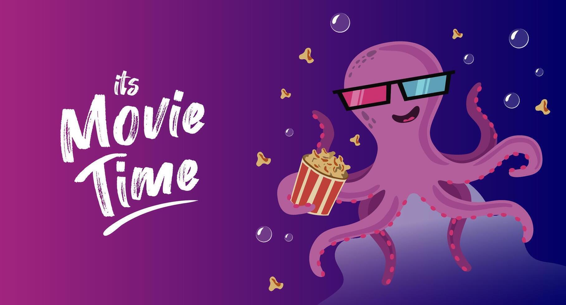 cette est film temps - vecteur modèle. mignonne poulpe dans stéréo des lunettes avec Popcorn. illustration sur le thème cinéma, en train de regarder une film.