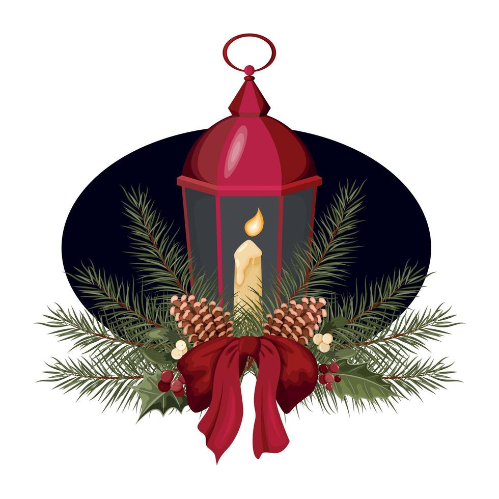 lanterne de noël avec une bougie. la lampe est décorée de branches de sapin, de cônes, de gui, de houx et d'un grand nœud rouge. vecteur. vecteur