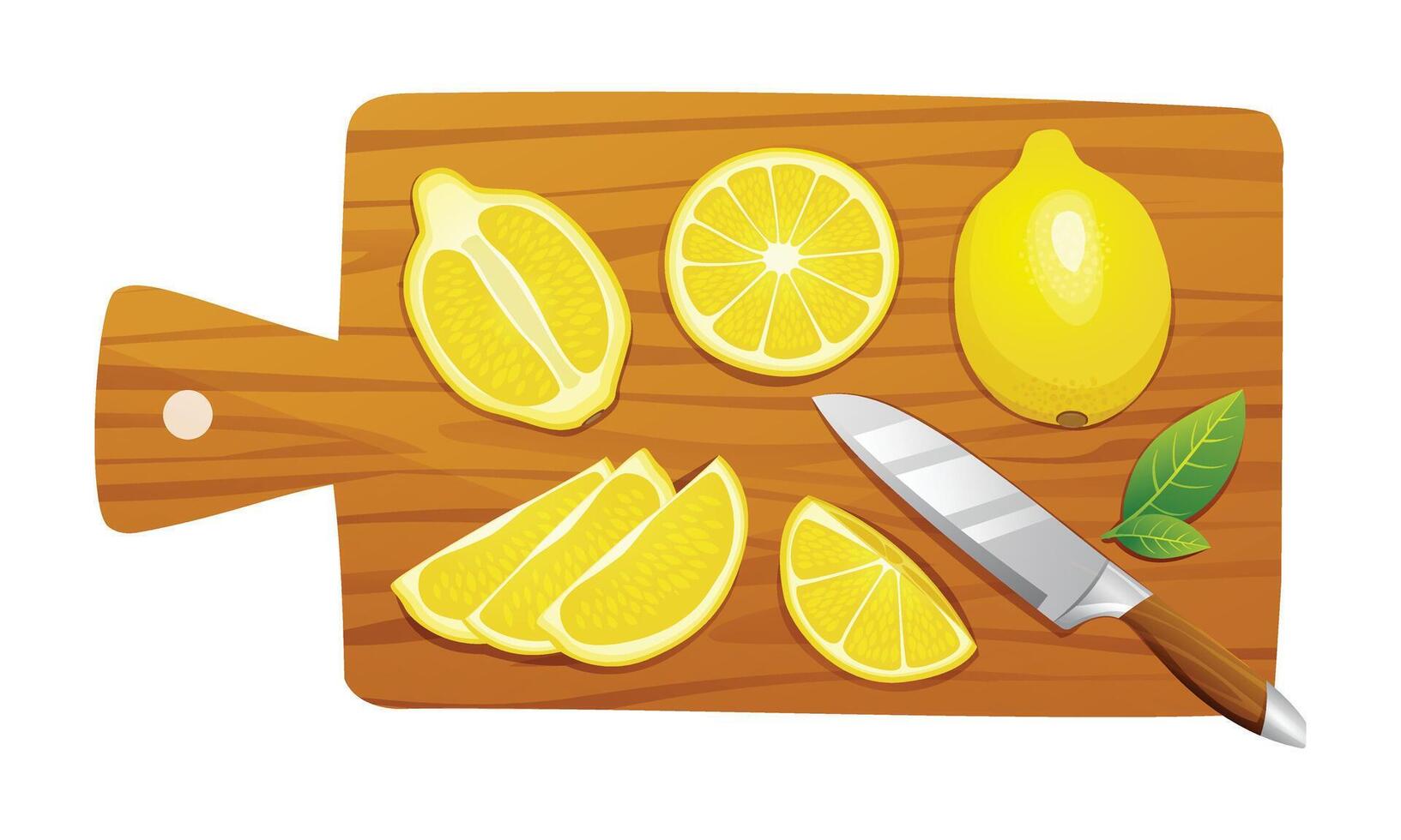 Frais ensemble, moitié et Couper tranches citron avec couteau sur Coupe planche. vecteur illustration isolé sur blanc Contexte