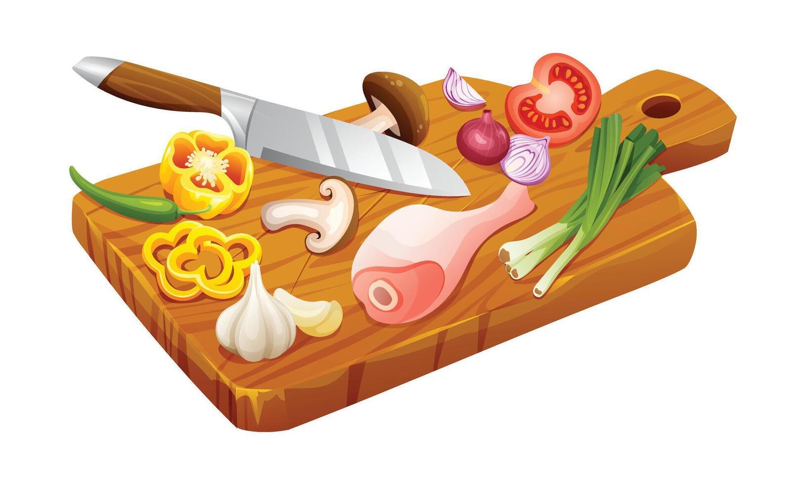 Frais Viande, des légumes et herbes avec couteau sur Coupe planche. en bonne santé nourriture ingrédients. vecteur illustration isolé sur blanc Contexte