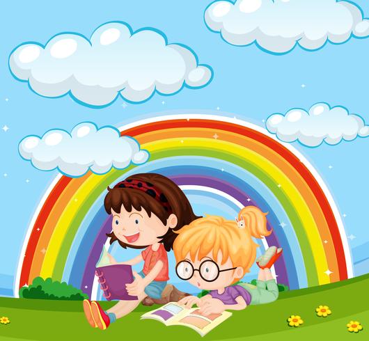 Livre de lecture filles dans parc avec arc-en-ciel dans le ciel vecteur