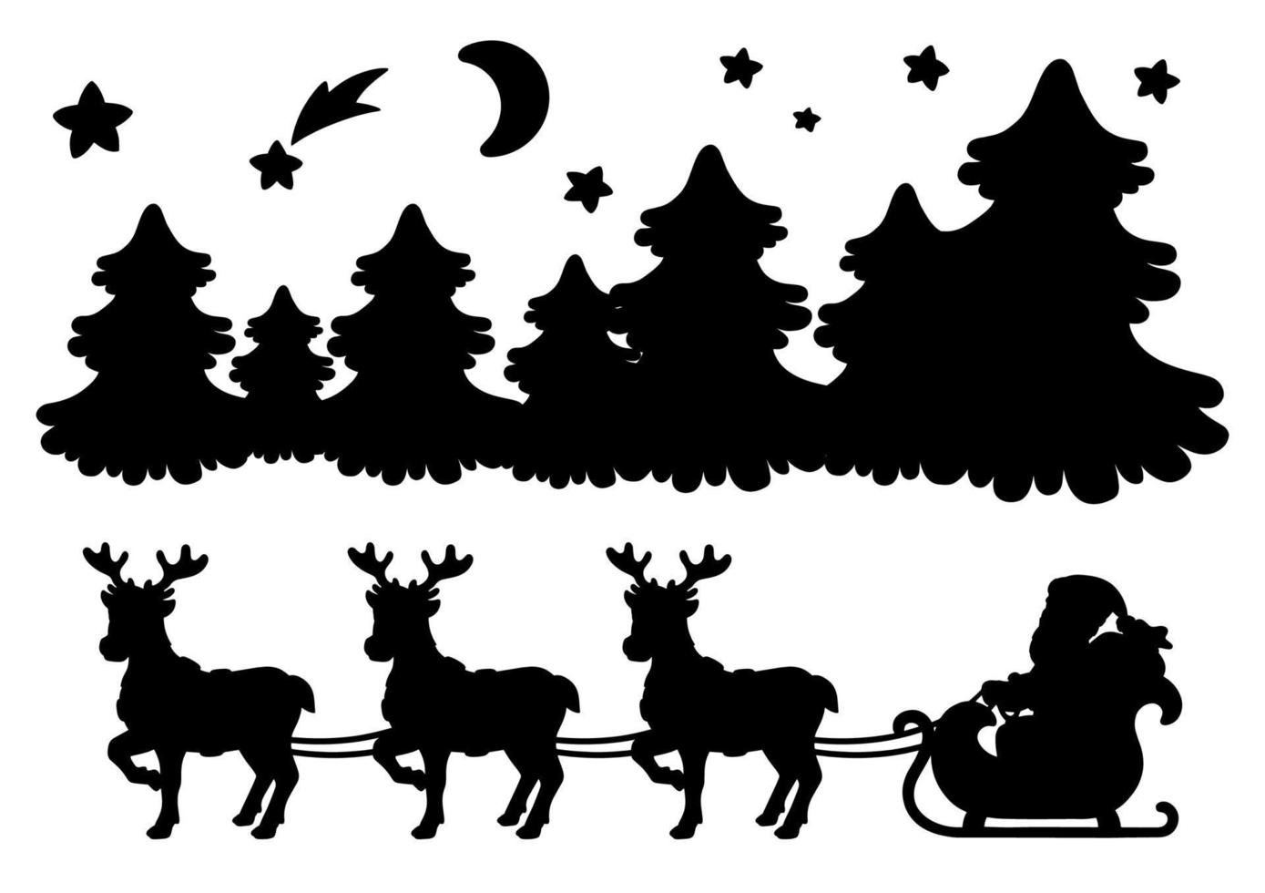 le père noël porte des cadeaux de noël sur un traîneau à rennes. silhouette noire. élément de conception. illustration vectorielle isolée sur fond blanc. forêt d'hiver. vecteur