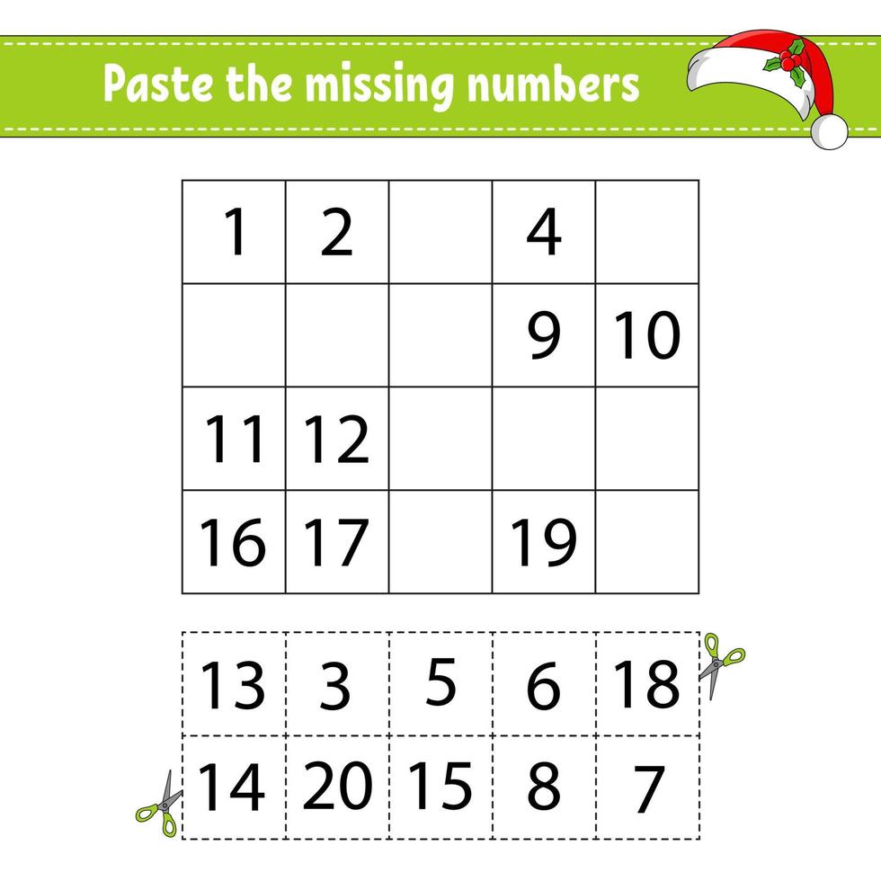 collez les nombres manquants 1-20. jeu pour les enfants. pratique de l'écriture manuscrite. apprendre les nombres pour les enfants. feuille de travail sur le développement de l'éducation. page d'activité. illustration vectorielle isolé dans un style dessin animé mignon. vecteur