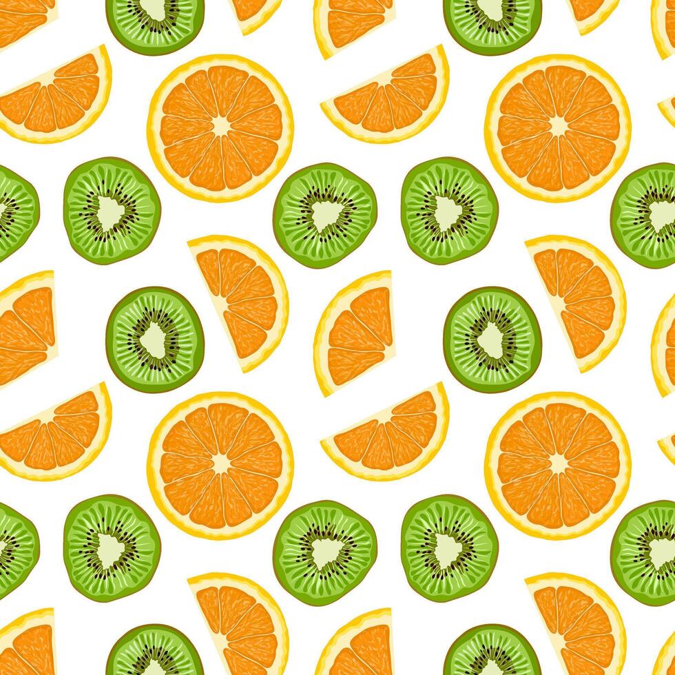 sans couture fruit modèle. Contexte avec Frais tranches de vert kiwi et orange. coloré vecteur illustration sur une bleu Contexte.