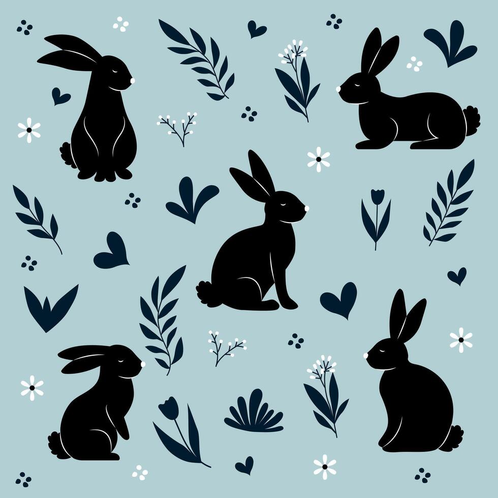 collection de silhouettes de lapins avec fleurs. vecteur illustration.