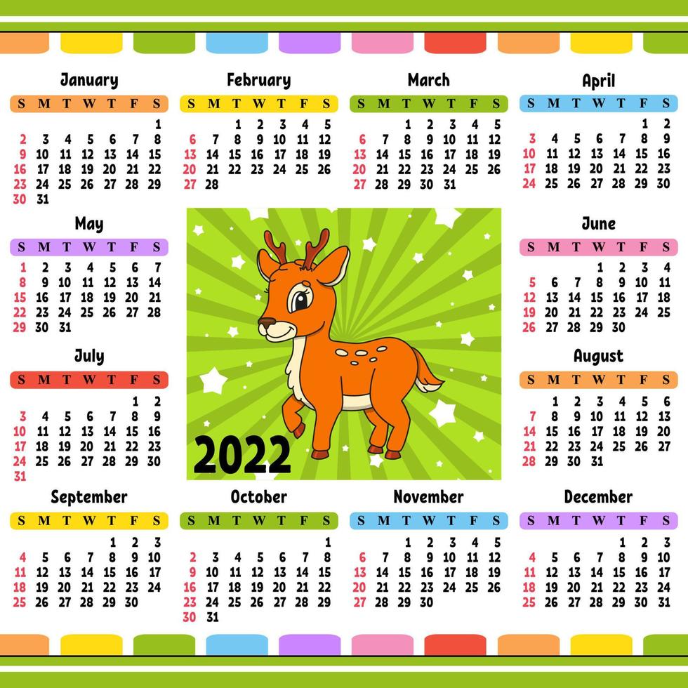 calendrier pour 2022 avec un personnage mignon. design amusant et lumineux. illustration vectorielle de couleur isolée. style de bande dessinée. vecteur