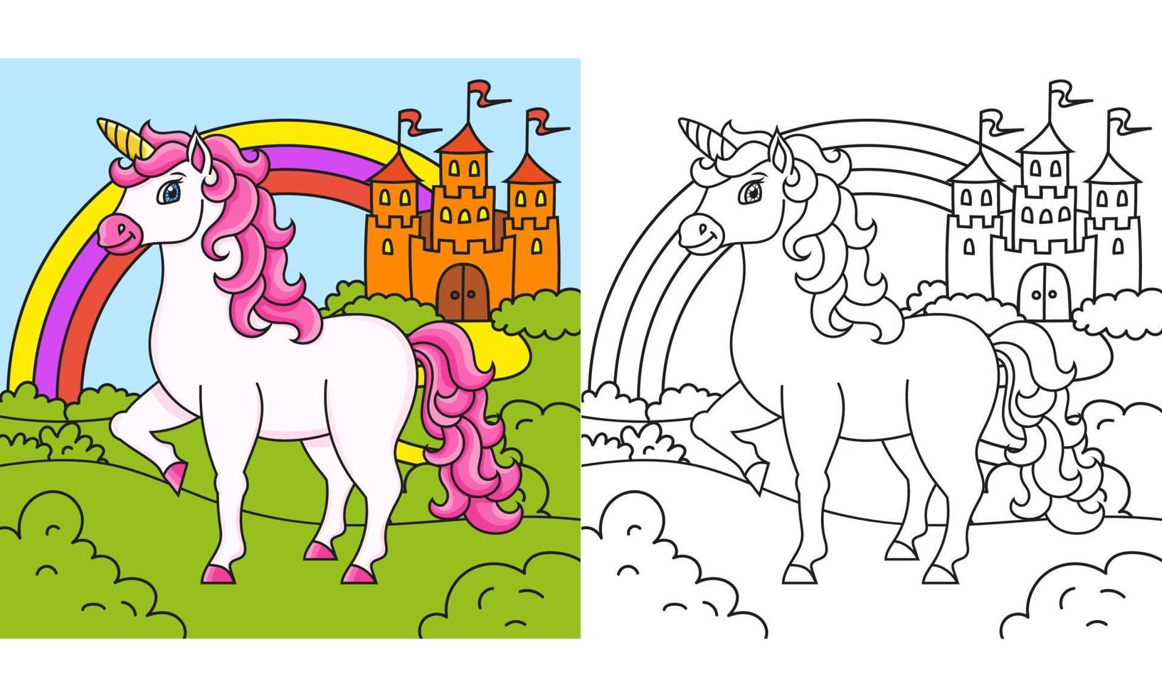 jolie licorne. cheval de fée magique. page de livre de coloriage pour les enfants. style de bande dessinée. illustration vectorielle isolée sur fond blanc. vecteur