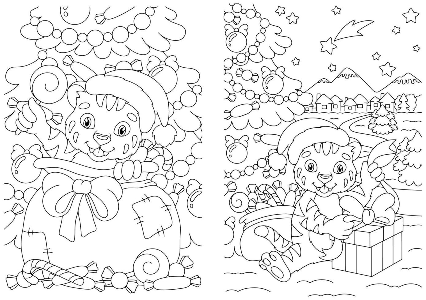 ensemble de mignons petits tigres de noël avec des cadeaux. page de livre de coloriage pour les enfants. personnage de style dessin animé. illustration vectorielle isolée sur fond blanc. vecteur