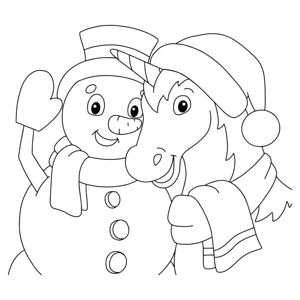 une licorne magique et un bonhomme de neige célèbrent la nouvelle année ensemble. page de livre de coloriage pour les enfants. personnage de style dessin animé. illustration vectorielle isolée sur fond blanc. vecteur