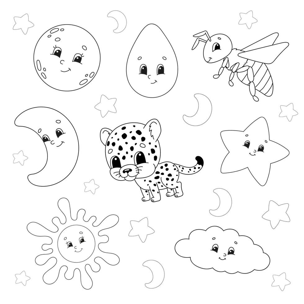 ensemble d'autocollants avec des personnages de dessins animés mignons. livre de coloriage pour les enfants. dessiné à la main. illustration vectorielle. collection de badges patch. éléments de conception d'étiquettes. pour planificateur quotidien, agenda, organisateur. vecteur