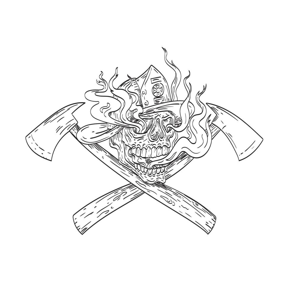crâne de pompier américain portant un chapeau de casque de pompier avec une hache de feu croisée fumée et dessin de tatouage de feu noir et blanc vecteur