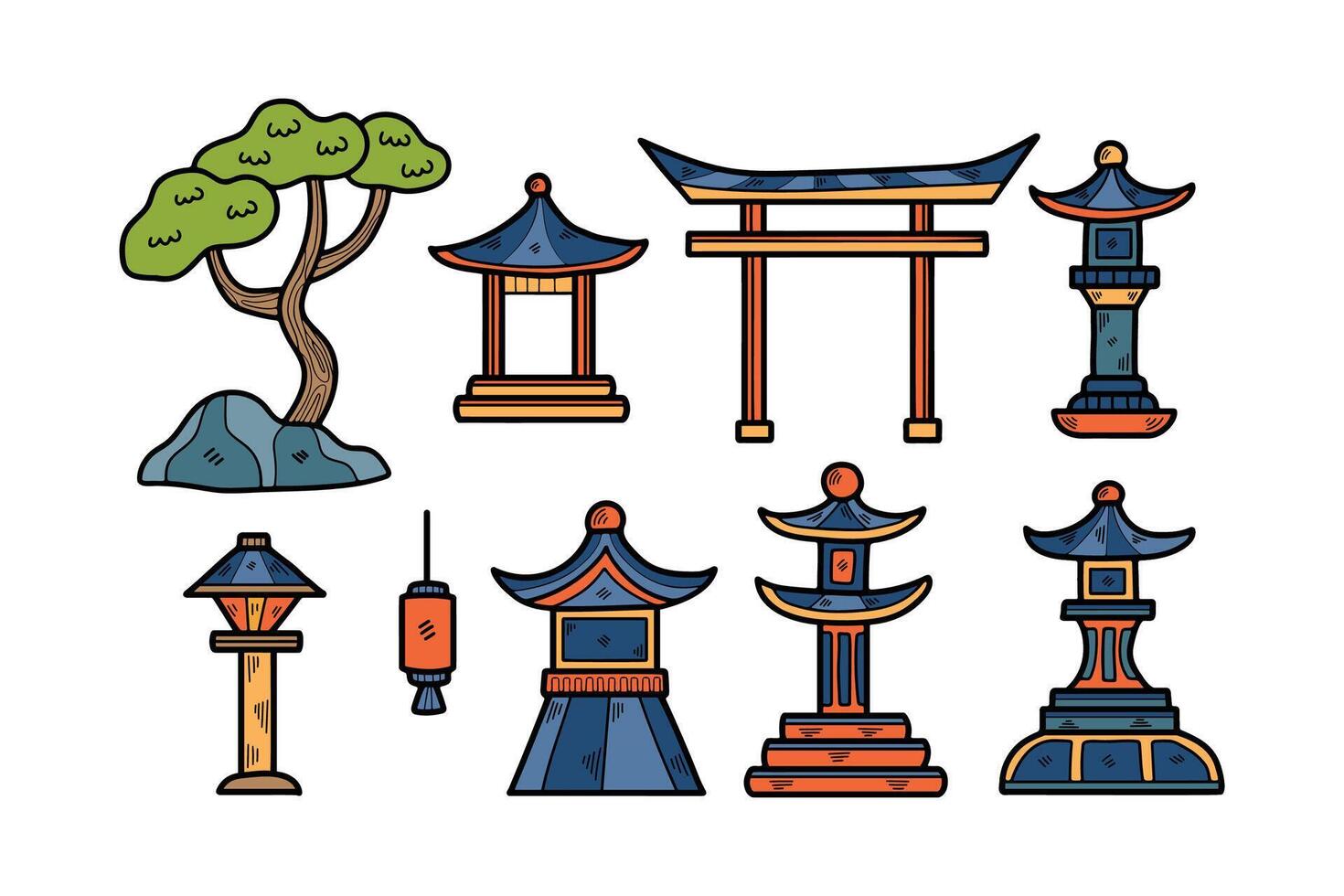 main tiré Japonais et chinois style pavillons ou pagodes dans plat style vecteur
