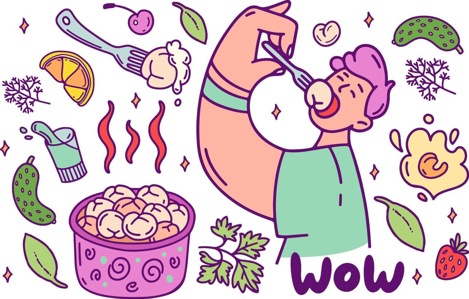 branché Viande Dumplings Couleur griffonnage ensemble. homme en mangeant boulette. nationale vaisselle pelmenis, acide crème, vodka, persil. cuisson recette de pâte et Viande. pour nourriture marché, logo, magasin. vecteur illustration.